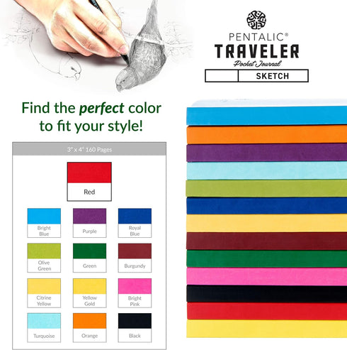 Pentalic 3 x 4 Pocket Sketchbook Traveler Journal, 160 Pages, Red Color