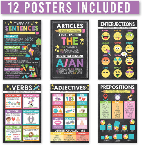 Hadley Designs 12 Chalkboard Parts of Speech Posters for Elementary Language Arts Classroom Decor