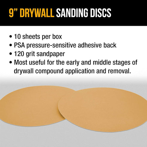 Dura-Gold Premium 9" Drywall Sanding Discs - 120 Grit, Box of 10, High-Performance Aluminum Oxide Abrasive