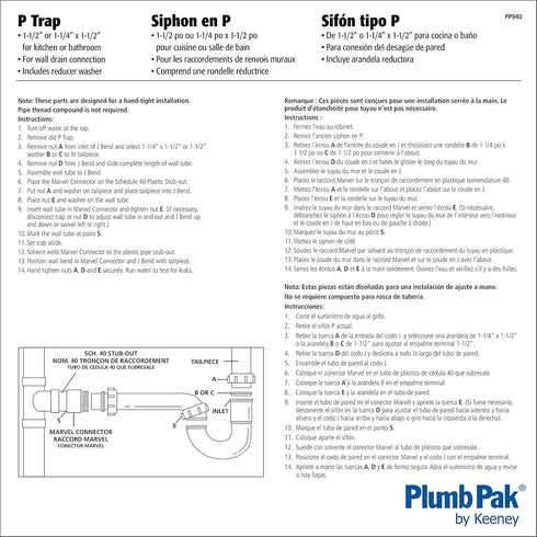 Plumb Pak PP940W P-Trap, 1-1/4 X 1-1/2 in, Plastic, Medium, White