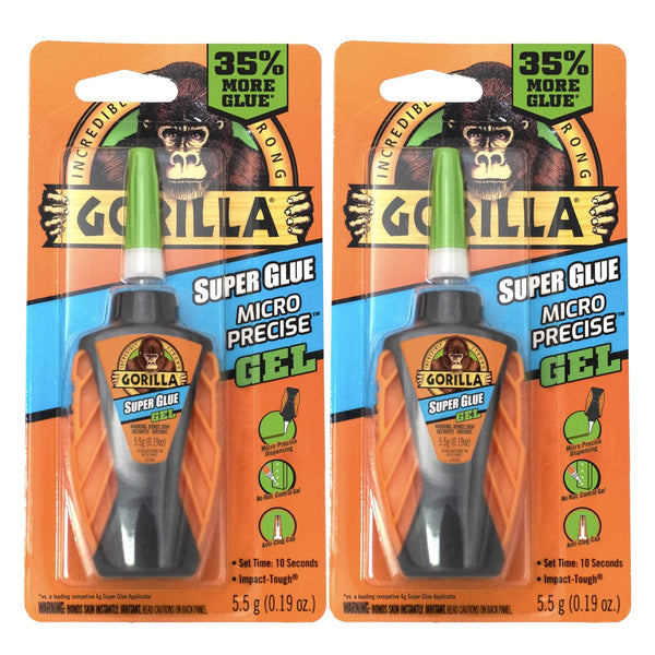 Gorilla Micro Precise Super Glue Gel, Fast Setting Cyanoacrylate Glue, Precise Dispensing Tool, Clear, 5.5g, Pack of 2