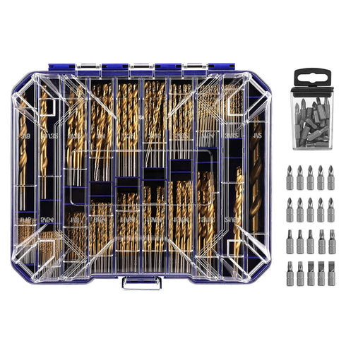 276pc Titanium Twist Drill Bit Set with S2 Bits, 135° Tip High Speed Steel, Sizes from 1/16" to 1/2", Clear Lid Case