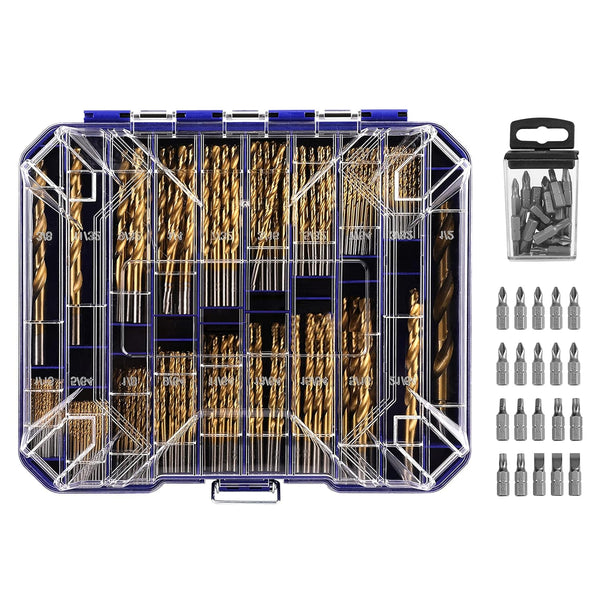 276pc Titanium Twist Drill Bit Set with S2 Bits, 135° Tip High Speed Steel, Sizes from 1/16" to 1/2", Clear Lid Case