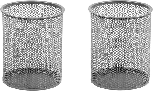 YBM HOME Office Round Desk Steel Mesh Pencil Cup | Pen Holder Silver, 2210-2 Pack of 2