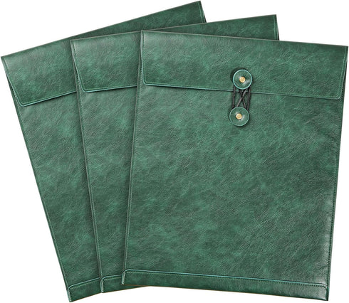 Green A4 PU Leather File Folders - 3PCS Document Organizer with String Tie Closure, Laptop Sleeve Notebook Case