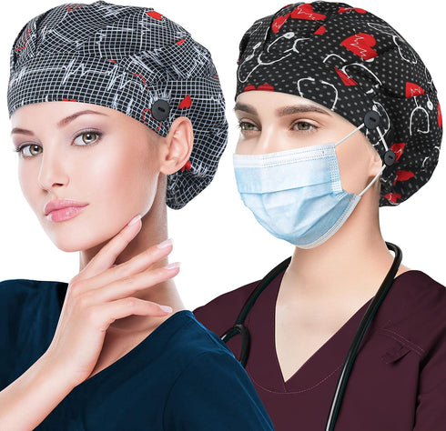 ABAMERICA 2 Pack Bouffant Caps - Adjustable Scrub Caps with Button and Sweatband for Women Men, One Size Multi Color