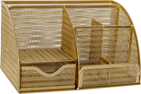 Martha Stewart Ryder Gold Mesh Metal Small Organizer for Office Accessories, Notebooks, Pen Holder and Drawer