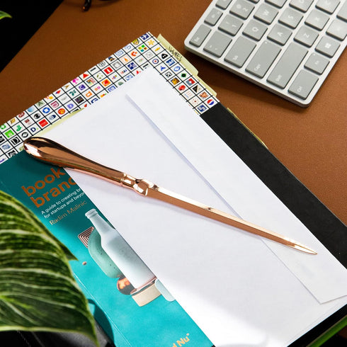 Uncommon Desks Rose Gold Letter Opener Knife, Smooth Metal Plated Envelope Opener, Ergonomic Handle for Home and