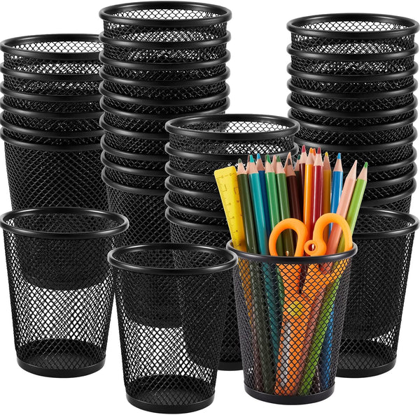 Henoyso 36 Pack Mesh Pencil Holder, Wire Mesh Pen Cup, Black Pen Organizer for Desk, Metal Pencil Cup, Makeup Brush