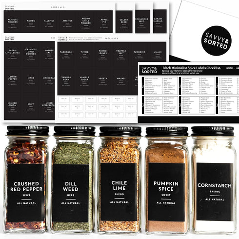 Black Spice Labels for Jars, 148 Preprinted Organizing Stickers for Spices Storage Glass Bottles, Kitchen Pantry