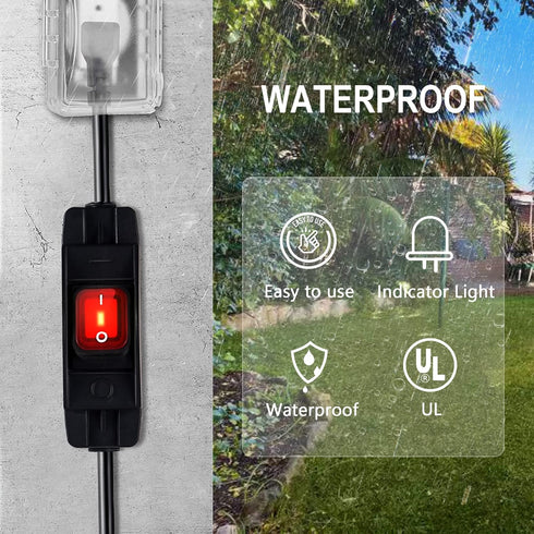 Outdoor Waterproof On/Off Switch Extension Cord, Heavy Duty 125v/250v Black SJTW Cord (1.5 Ft)