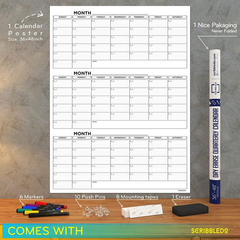 Large 36"x48" Quarterly White Board Calendar, Dry Erase Wall Calendar for 3 Month Planning with Markers and Eraser