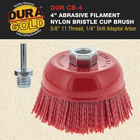 Dura-Gold 4" Abrasive Filament Nylon Bristle Cup Brush, Coarse Grit for Angle Grinder, 5/8" 11 Thread