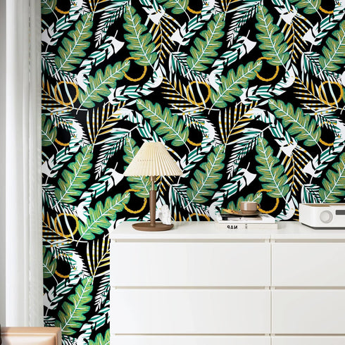 Tropical Green Leaves Wallpaper Peel and Stick Wallpaper Self Adhesive Removable Wallpapers Black Contact Paper for Cabinets Vinyl Countertops Waterproof 17.5" x78.7" Contact Paper Decor by Wallercity