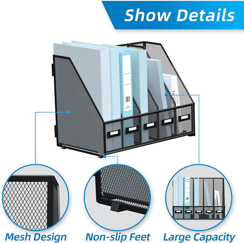 SUPEASY Metal Desk Magazine File Holder with 5 Vertical Compartments, Black Organizer for Office Desktop