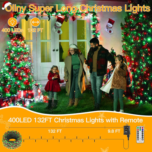 400LED 132FT, 8 Ollny Christmas Lights Remote Plug-in Red & Green Tree Lights with Timer and Modes, Waterproof