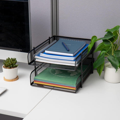 Mind Reader Paper Tray, Set of 2, Stackable Desk Organizer, Storage, Office, Metal Mesh, Black