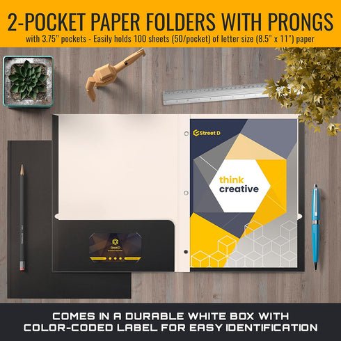 Better Office Products Black Paper 2 Pocket Folders with Prongs, 50 Pack, Letter Size