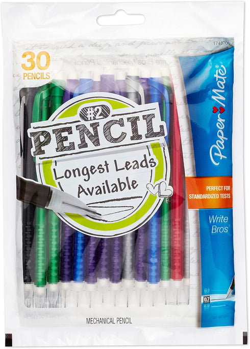 Paper Mate Write Bros Mechanical Pencils, Assorted Colors, 0.7mm, HB #2, 30 Count