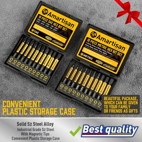 Amartisan 20-Piece Hex Head Allen Wrench Drill Bit Set, Metric and SAE S2 Steel Hex Bits with Storage Box