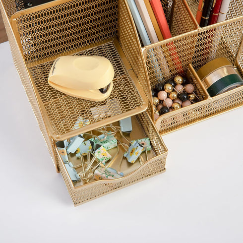 Martha Stewart Ryder Gold Mesh Metal Small Organizer for Office Accessories, Notebooks, Pen Holder and Drawer