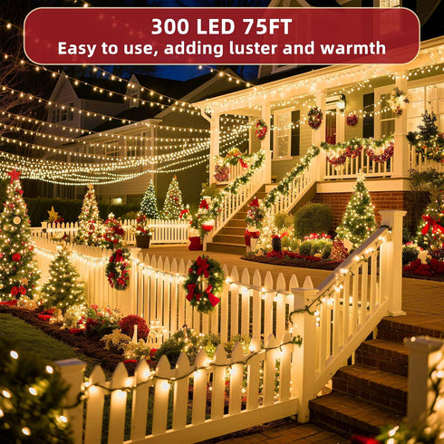 300 75ft, 12 Dimmable LED Outdoor Christmas Lights Lighting Modes Indoor String Lights & Timer Memory, Outsite