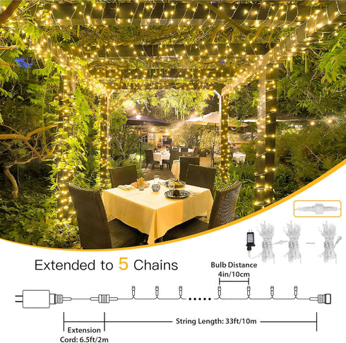 33FT 100 8 String Lights Indoor Bedroom, LED Fairy String Lights Outdoor Waterproof, Modes Memory Twinkle Christmas