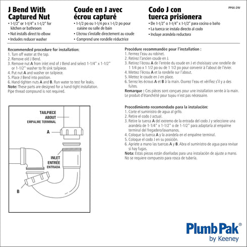 JBend Sink Trap, 1 1/2 or 1 1/4 Inches