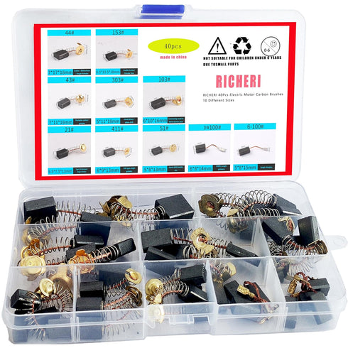 RICHERI 40Pcs Electric Motor Carbon Brushes, 10 Different Sizes for Replacement Repair Power Tool Part