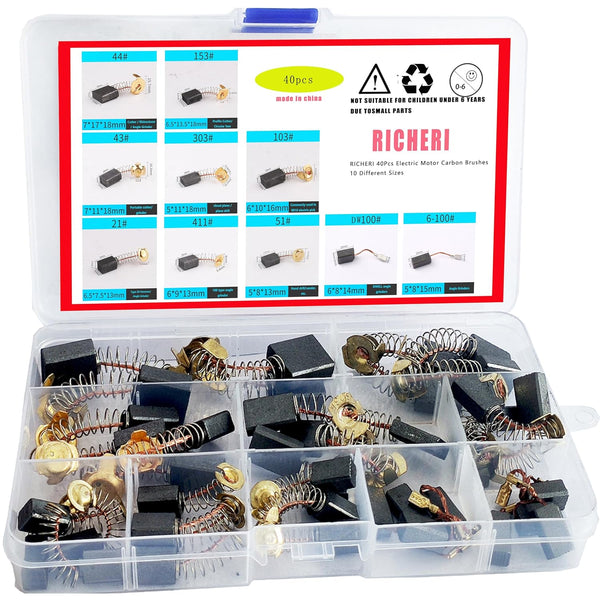 RICHERI 40Pcs Electric Motor Carbon Brushes, 10 Different Sizes for Replacement Repair Power Tool Part