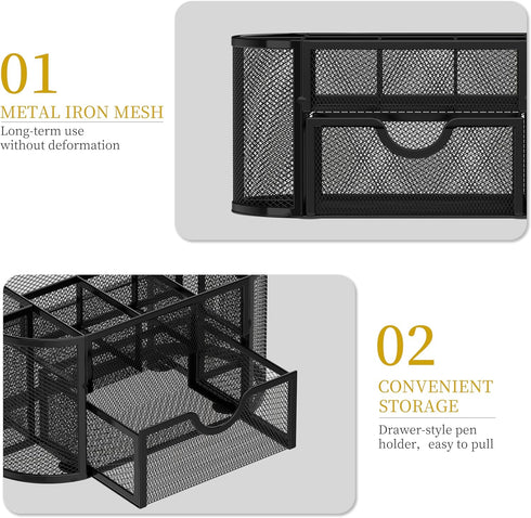SUPEASY Black Mesh Desk Organizer, 9 Compartments with Drawers for Office Supplies, 8.6 x 4.3 x 4.1 Inch