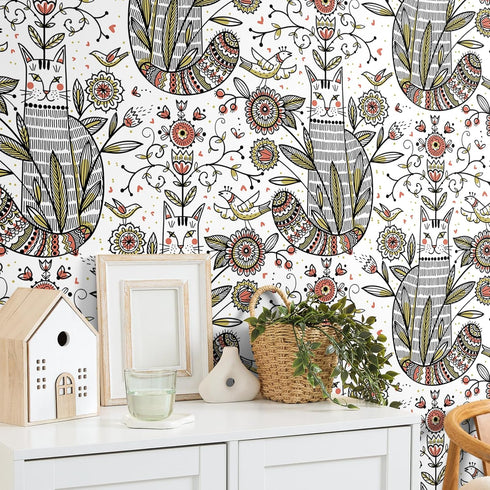 17.7''x354'' VEELIKE Boho Cat Wallpaper Peel and Stick Cat Themed Floral Wallpaper for Nursery Playroom Kids Room
