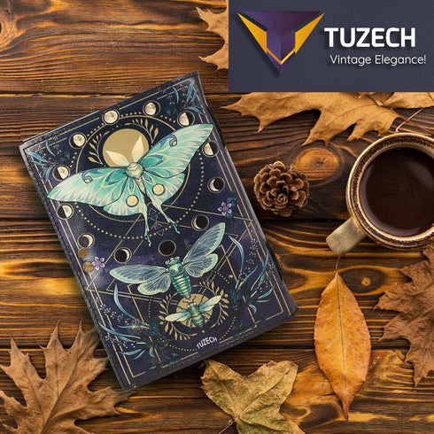 TUZECH Book of Spells Leather Bound Journal, Luna Moths, Deckle Edge Paper, Antique Vintage Notebook