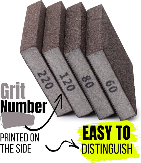 Bates Sanding Sponge, 4 Pack, 60/80/120/220 Grit Assortment, Washable and Reusable Sanding Blocks
