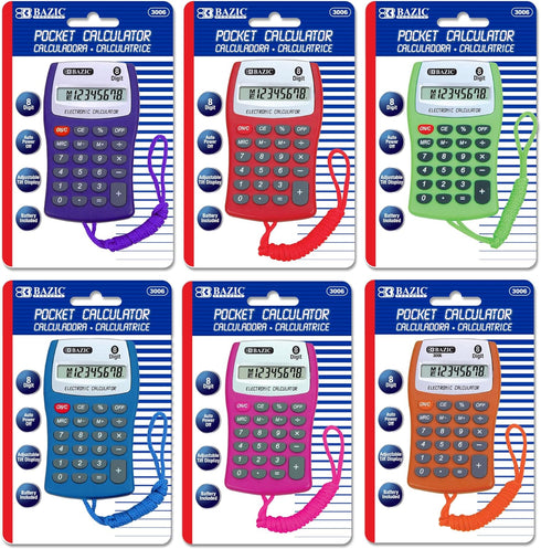 BAZIC Pocket Size Calculator, 8-Digit with Neck String, LCD Display, Small Standard Function Electronics, 6-Pack