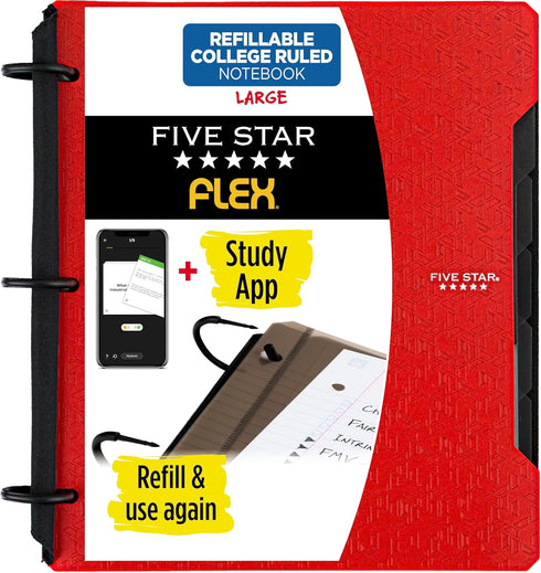 Five Star Flex Refillable Notebook + Study App - College Ruled Paper, 1 Inch TechLock Ring Binder, 200 Sheet Capacity,