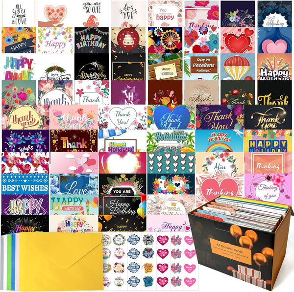 YedsIntu 64 Pack All Occasion Cards Assortment Box with Envelopes & Stickers,