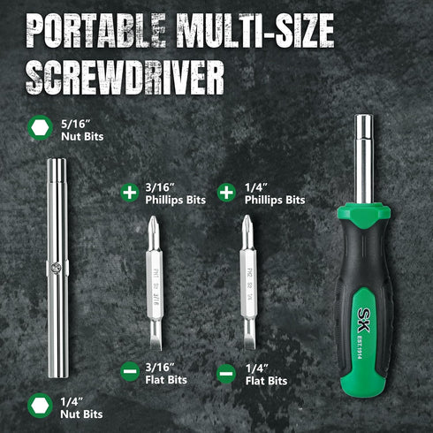 SK 6-in-1 Screwdriver, All in One Multi-bit Magnetic Tool with S2 Steel SureGrip Handle