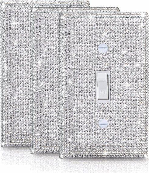 Gaocai 3 Pcs Silver Shiny Rhinestones Light Switch Cover Plate, Durable Decorative Single Toggle Wall Plate for Home