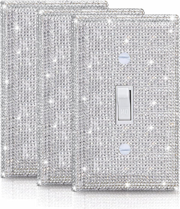 Gaocai 3 Pcs Silver Shiny Rhinestones Light Switch Cover Plate, Durable Decorative Single Toggle Wall Plate for Home