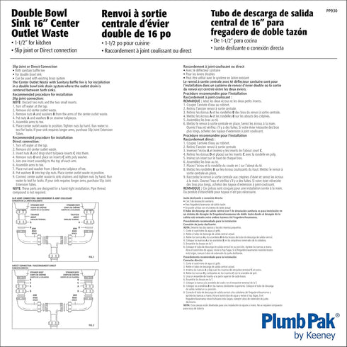 Plumb Pak PP930W Center Waste Outlet with Baffle Tee, 1-1/2 in Inlet, Plastic, 16"