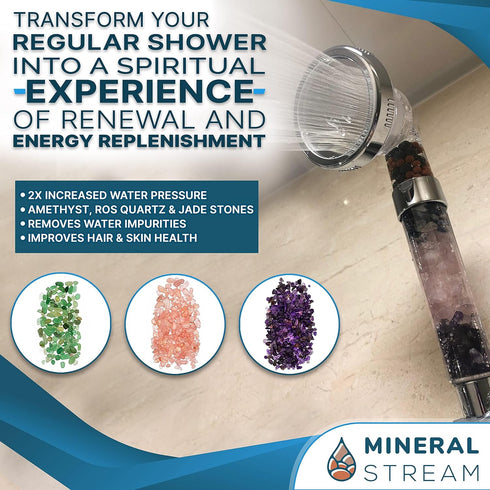 MineralStream Chakra Showerhead with Natural Gemstones, Therapeutic Crystals, Purification of Water Mineralization