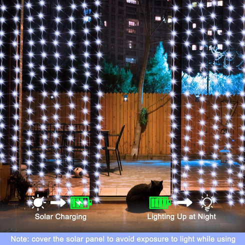 echosari Christmas Curtain Lights, Solar Powered 7.9ft x 6ft 144 LED Waterproof Outdoor Lights with Timer for Garden