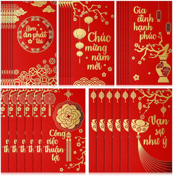 Zhanmai 30 Pcs Vietnamese New Year Red Lucky Money Envelope Set 6.69 Inch