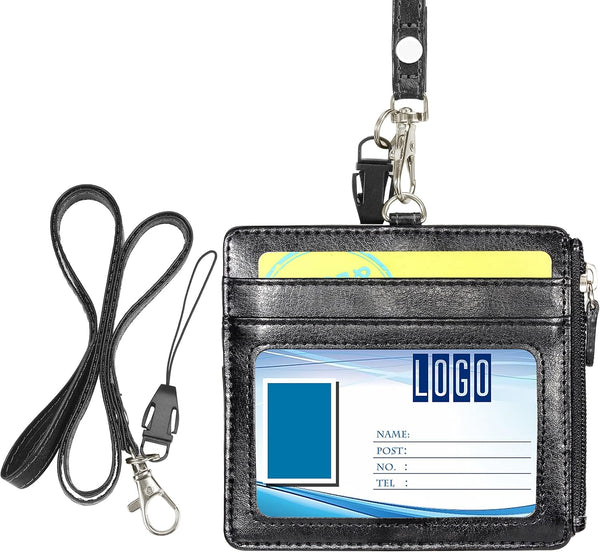 Wisdompro 2-Sided PU Leather ID Badge Holder with Zip, 1 ID Window, 4 Card Slots, 1 Side Zipper Pocket, 20 Inch Lanyard