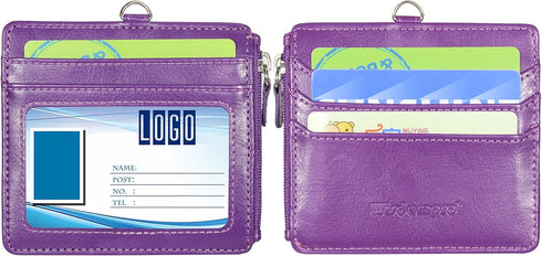 Wisdompro 2-Sided PU Leather ID Badge Holder with Zip, 1 ID Window, 4 Card Slots, 20 Inch Lanyard Strap - Purple