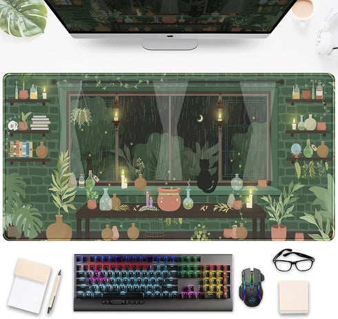 Cute Rainy Night Desk Mat, Green Plants Desk Pad, Anime Black Cat Kawaii Large Gaming Mouse Pad, Aesthetic XXL for Women