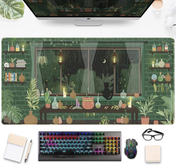Cute Rainy Night Desk Mat, Green Plants Desk Pad, Anime Black Cat Kawaii Large Gaming Mouse Pad, Aesthetic XXL for Women