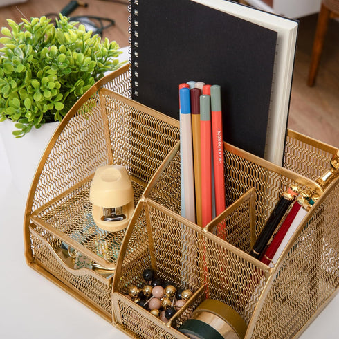 Martha Stewart Ryder Gold Mesh Metal Small Organizer for Office Accessories, Notebooks, Pen Holder and Drawer