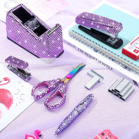 Yunlly 6 Pack Bling Office Stationery Set, Desk Accessory Includes Pen, Scissor, Stapler, 1000 Pcs Staples, Tape